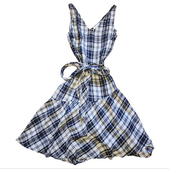 Nordstrom Signature Navy/White Plaid Faux Wrap Linen Dress Size 10 - Picture 8 of 11
